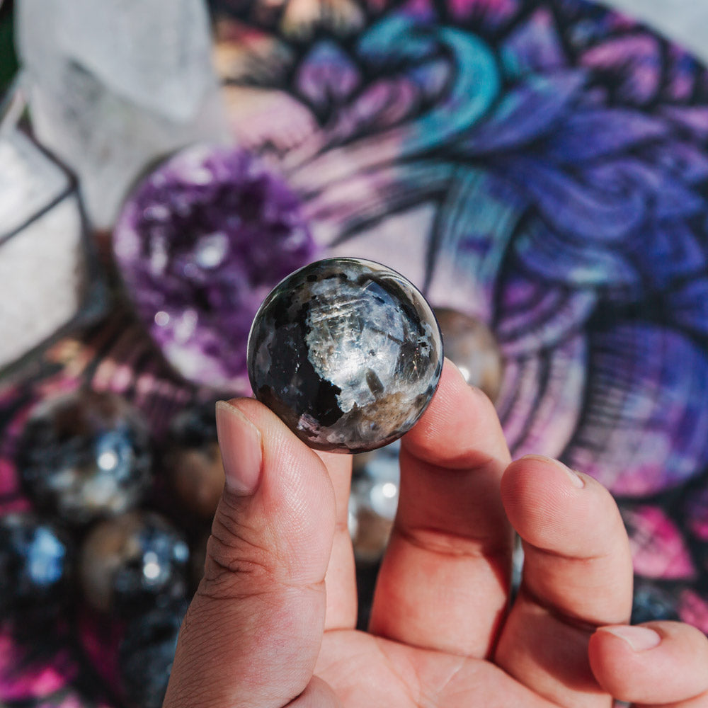 Black Moonstone With Tourmaline Sphere