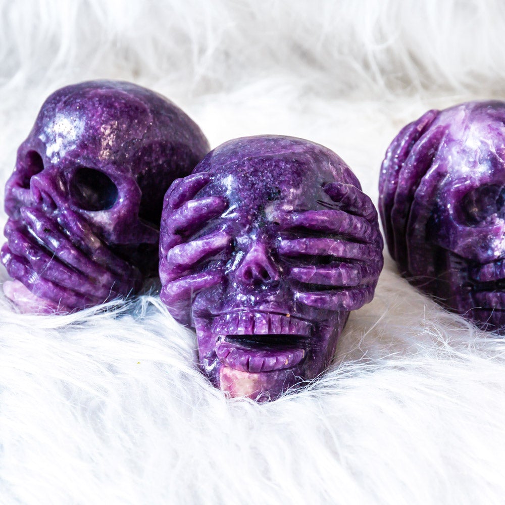 Lepidolite Skull Combination Combination See no evil Speak no evil Hear no evil