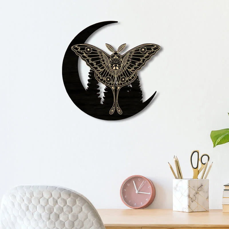 Crescent Moon Moth Wooden Wall Decor