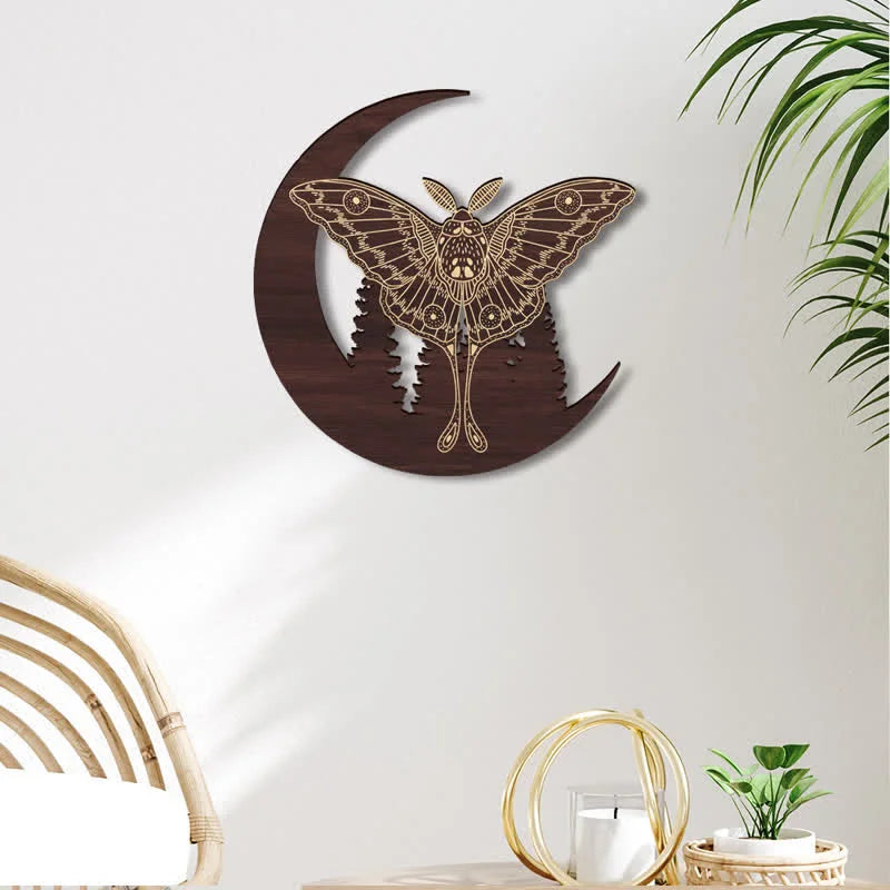 Crescent Moon Moth Wooden Wall Decor