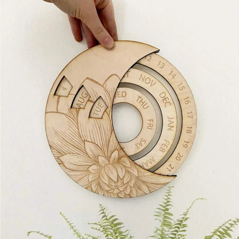 Circle Wooden Crescent Moon Perpetual Calendar Wall Decor