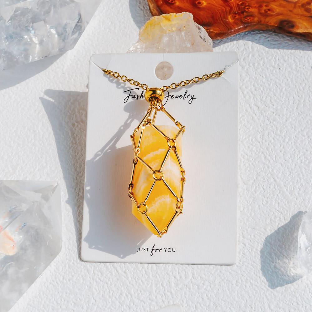 Gold Natural Crystal Net Metal Bamboo Necklace【Point/Tumbled】