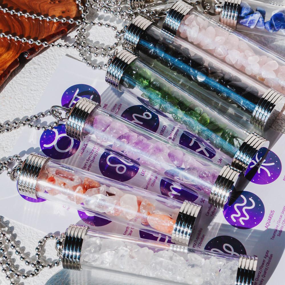 【Zodiac】Natural Crystal Chips Wishing Bottle Necklace