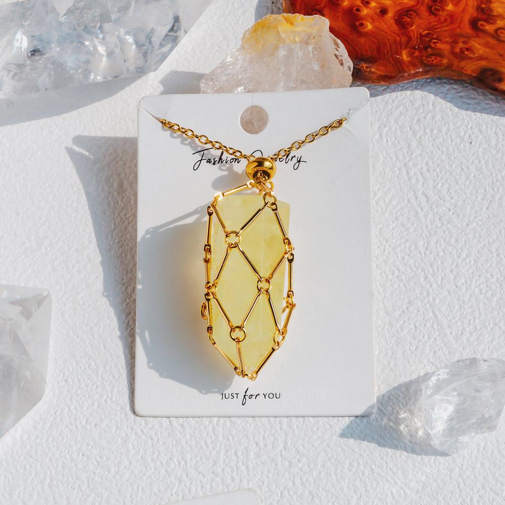 Gold Natural Crystal Net Metal Bamboo Necklace【Point/Tumbled】