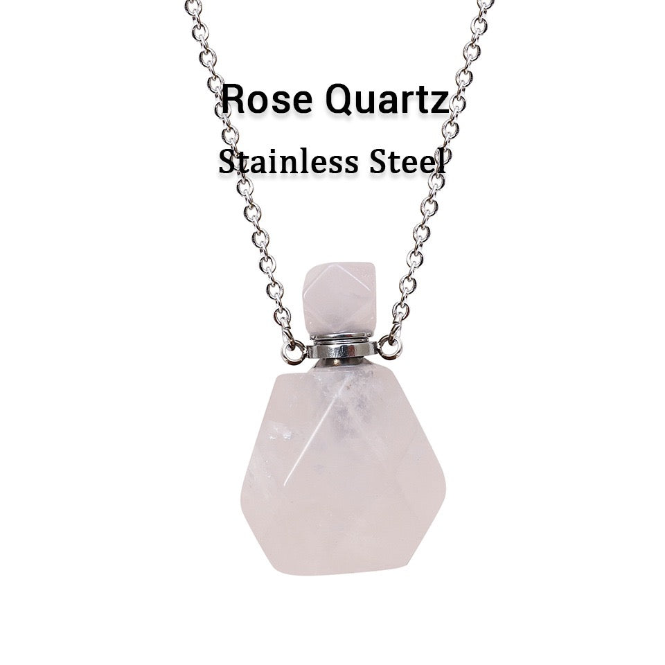 Natural Stone Perfume Bottle Pendant Stainless Steel Necklace Crystal Essential Oil Bottle Necklace Gemstone Perfume