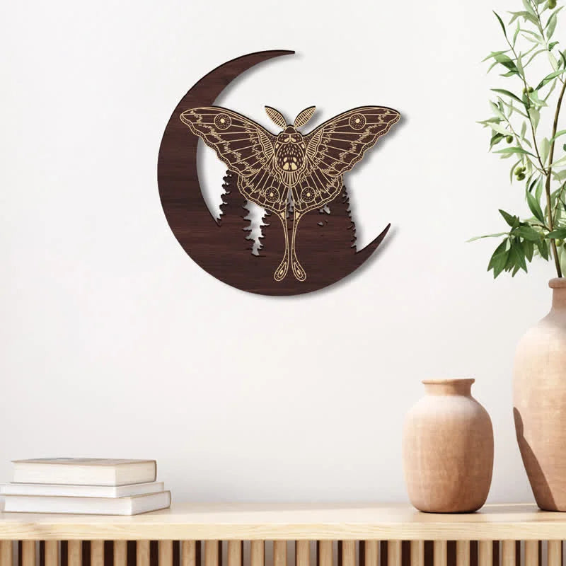 Crescent Moon Moth Wooden Wall Decor