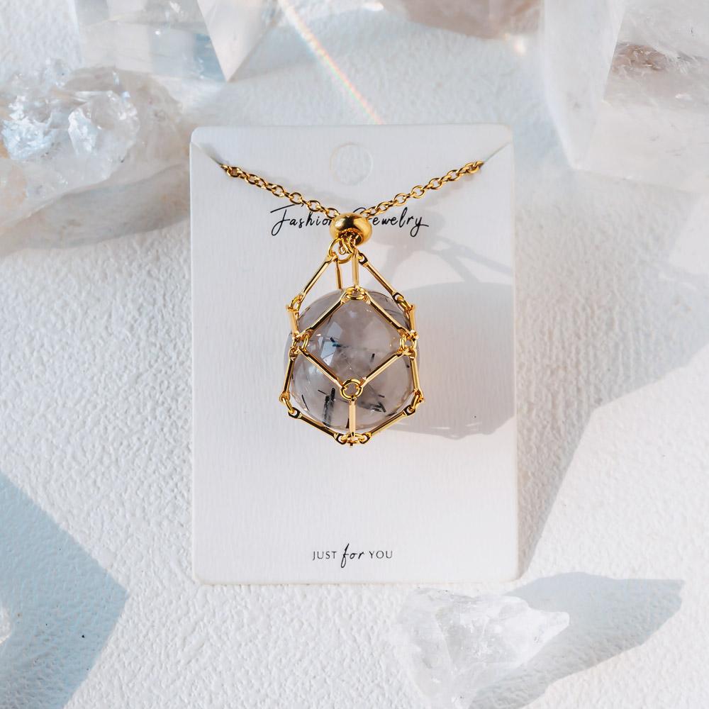 Gold Natural Crystal Net Metal Bamboo Necklace【Point/Tumbled】