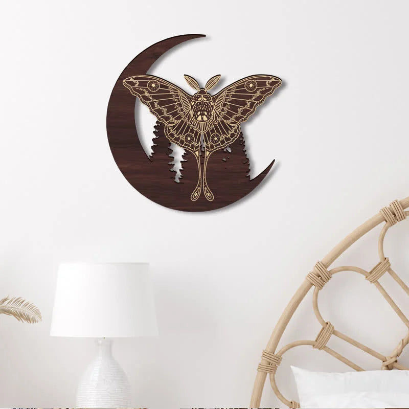 Crescent Moon Moth Wooden Wall Decor