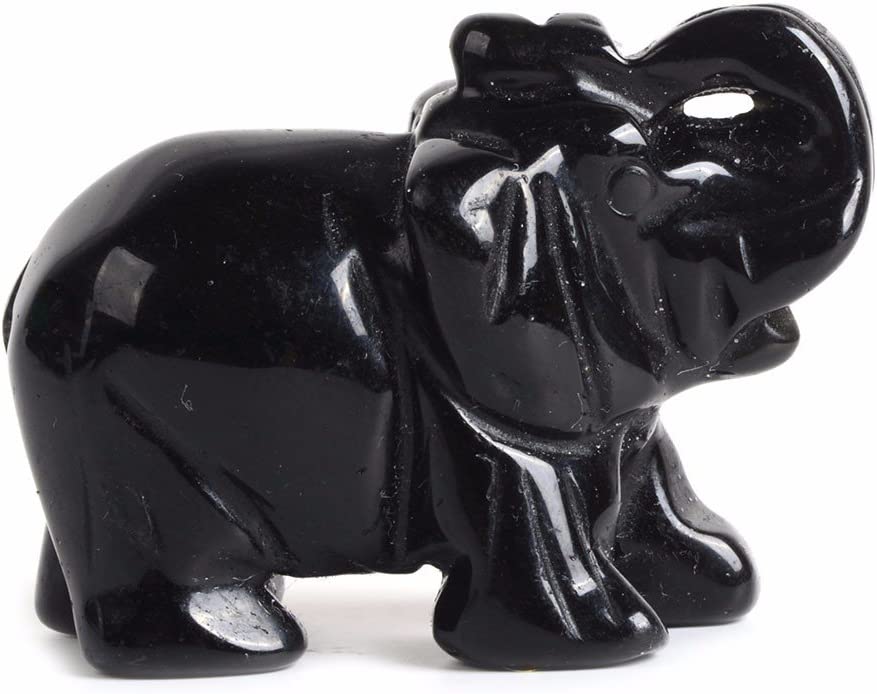 Justinstones Carved Natural Black Obsidian Gemstone Elephant Healing Guardian Statue Figurine Crafts 2 inch