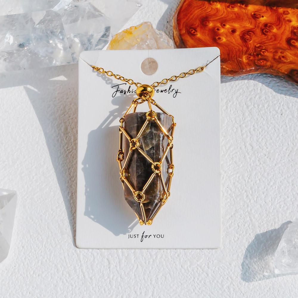 Gold Natural Crystal Net Metal Bamboo Necklace【Point/Tumbled】