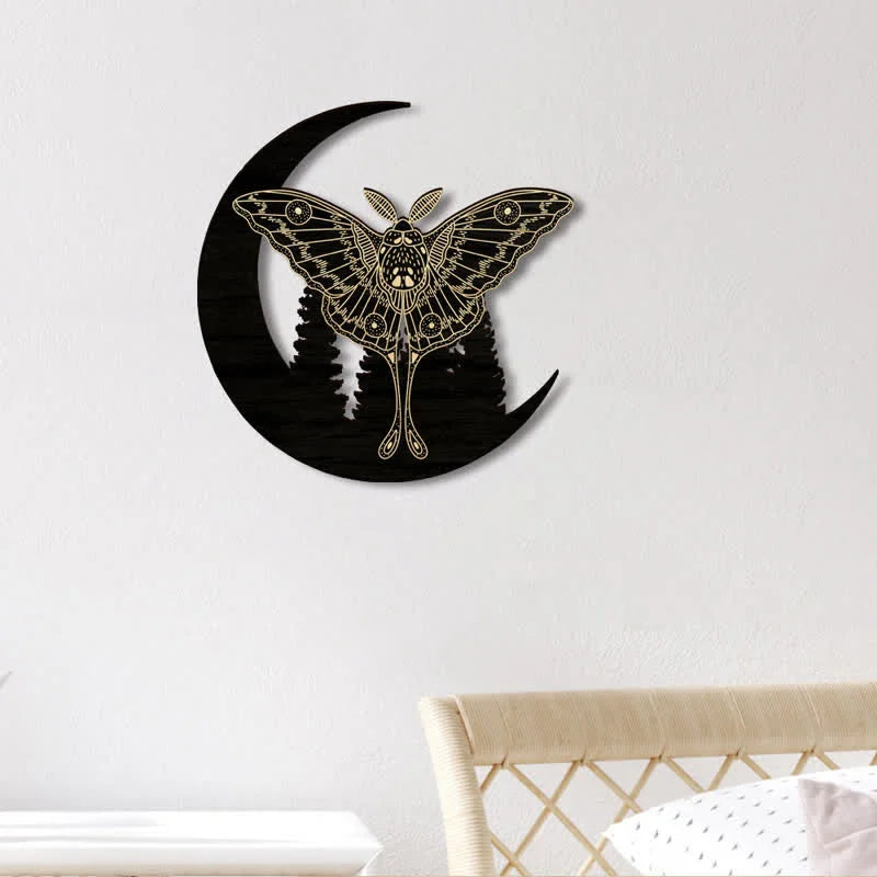 Crescent Moon Moth Wooden Wall Decor