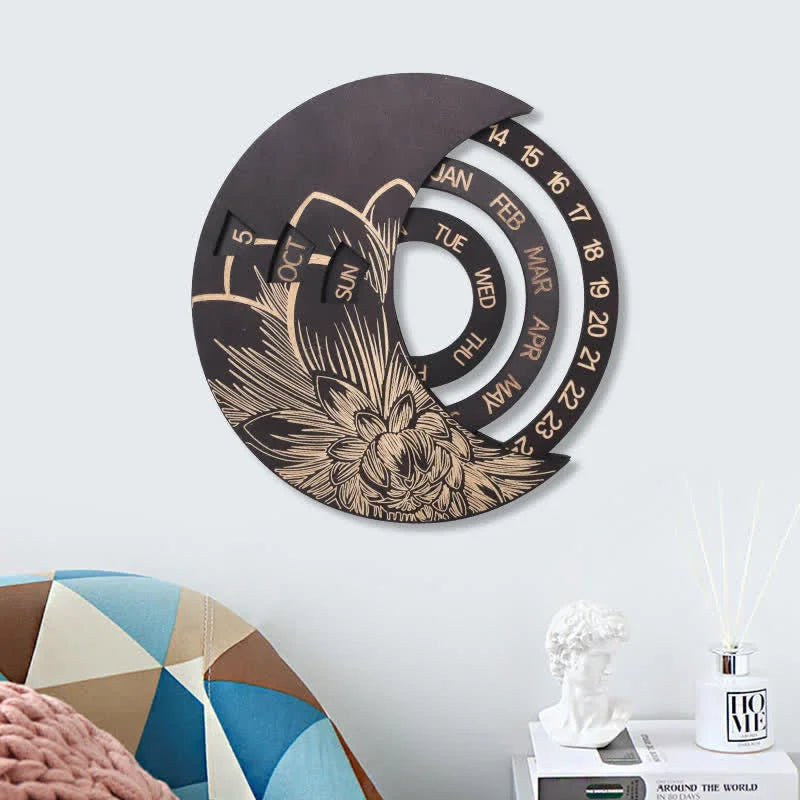 Circle Wooden Crescent Moon Perpetual Calendar Wall Decor