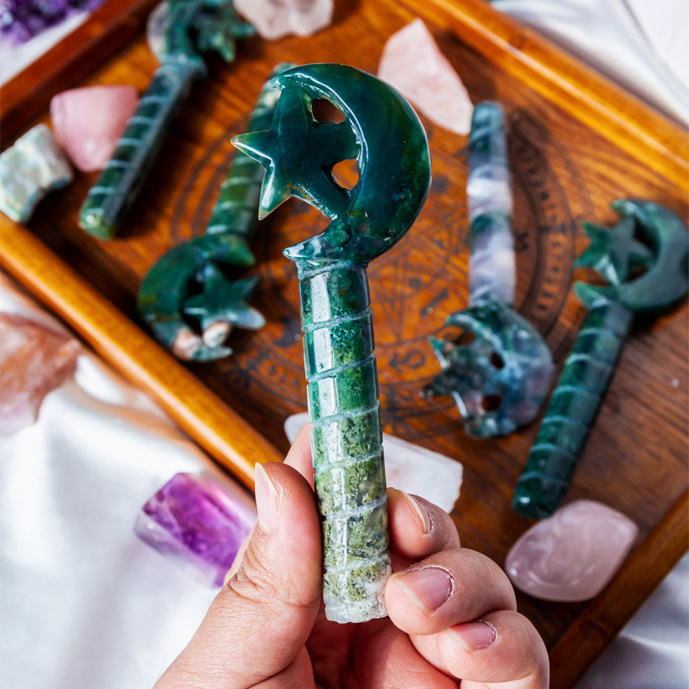 Moss agate moon wand