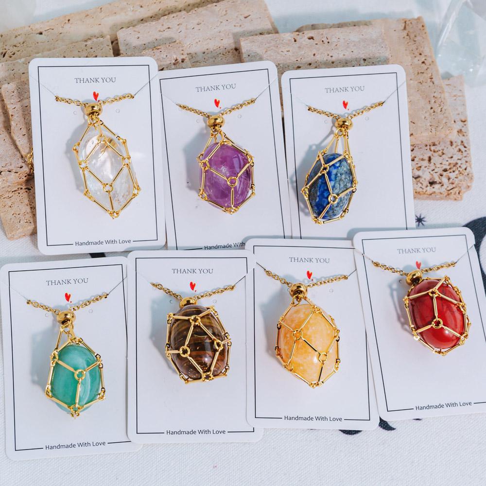 Gold Natural Crystal Net Metal Bamboo Necklace【Point/Tumbled】