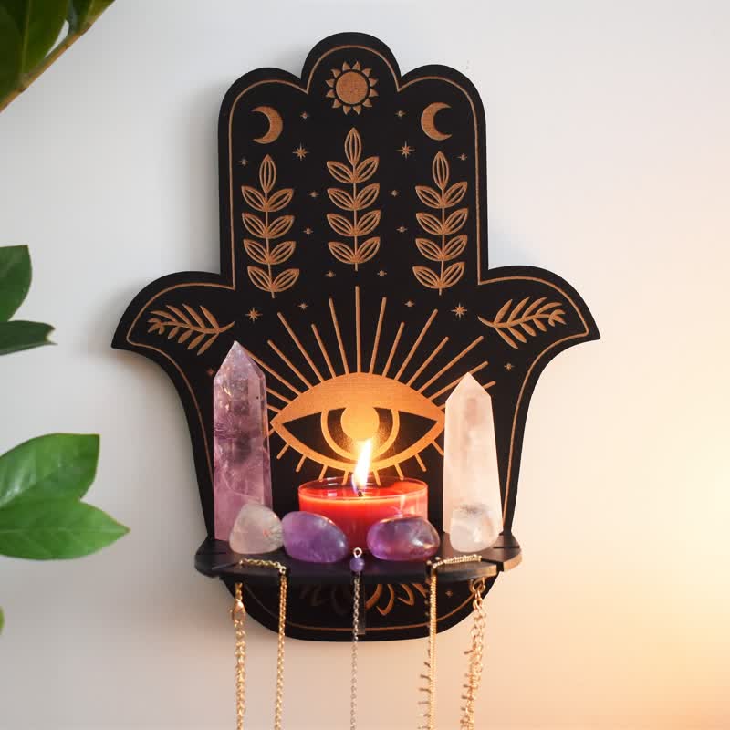 Hamsa Hand Floral Sun and Moon Altar Crystal Shelf