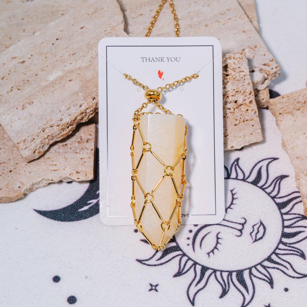 Gold Natural Crystal Net Metal Bamboo Necklace【Point/Tumbled】