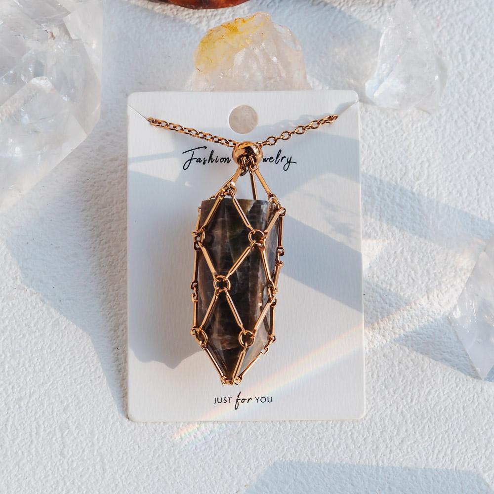 Rose Gold Net Metal Bamboo Necklace Woven Pendant