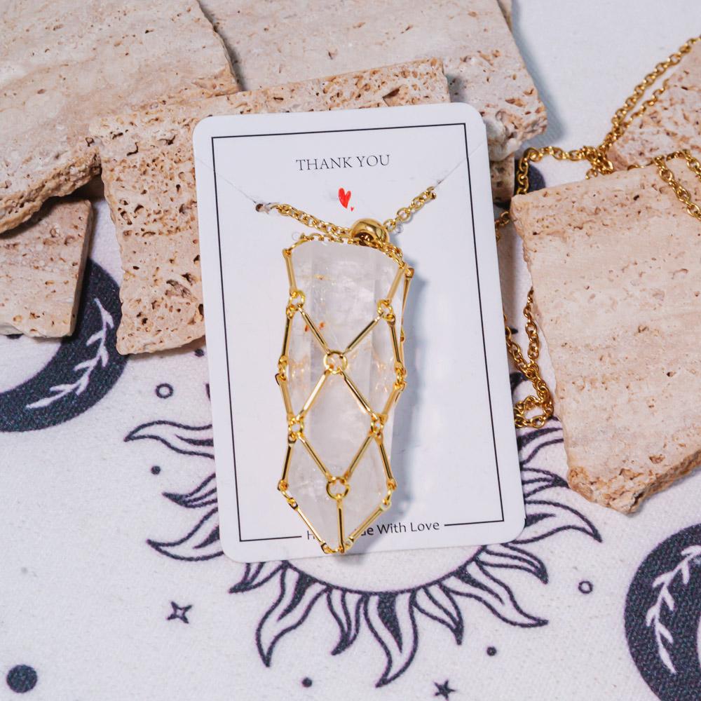 Gold Natural Crystal Net Metal Bamboo Necklace【Point/Tumbled】