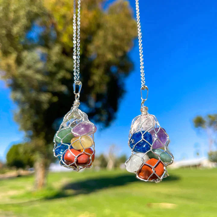 7 CHAKRA TUMBLED SILVER NECKLACE