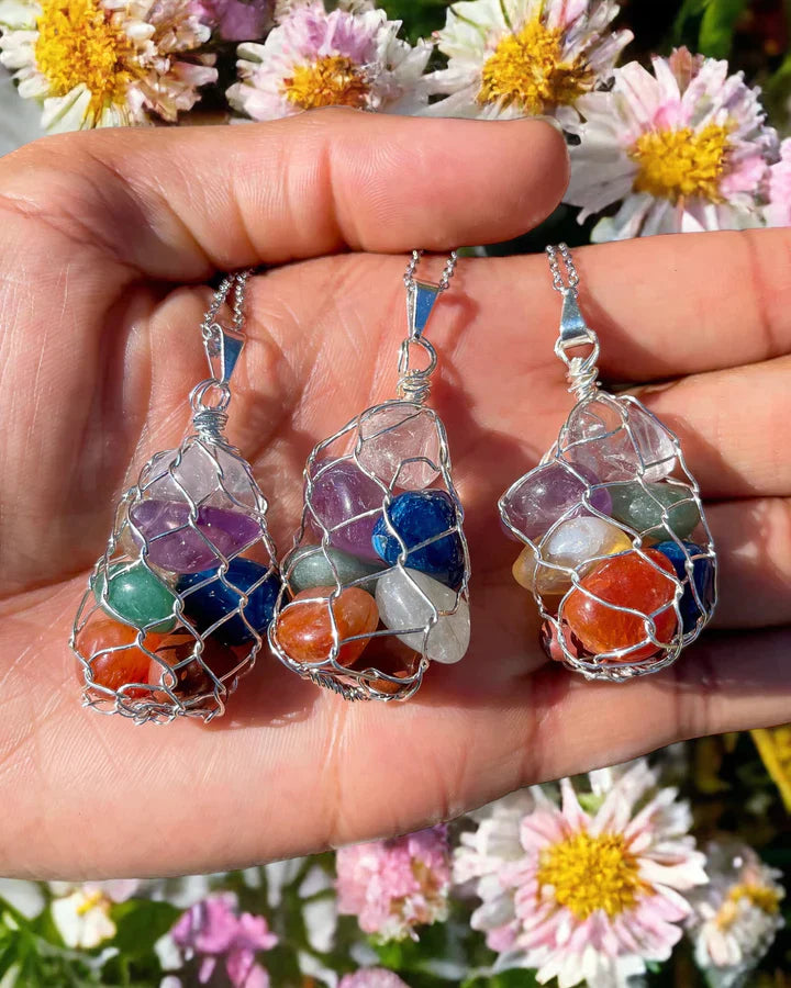 7 CHAKRA TUMBLED SILVER NECKLACE